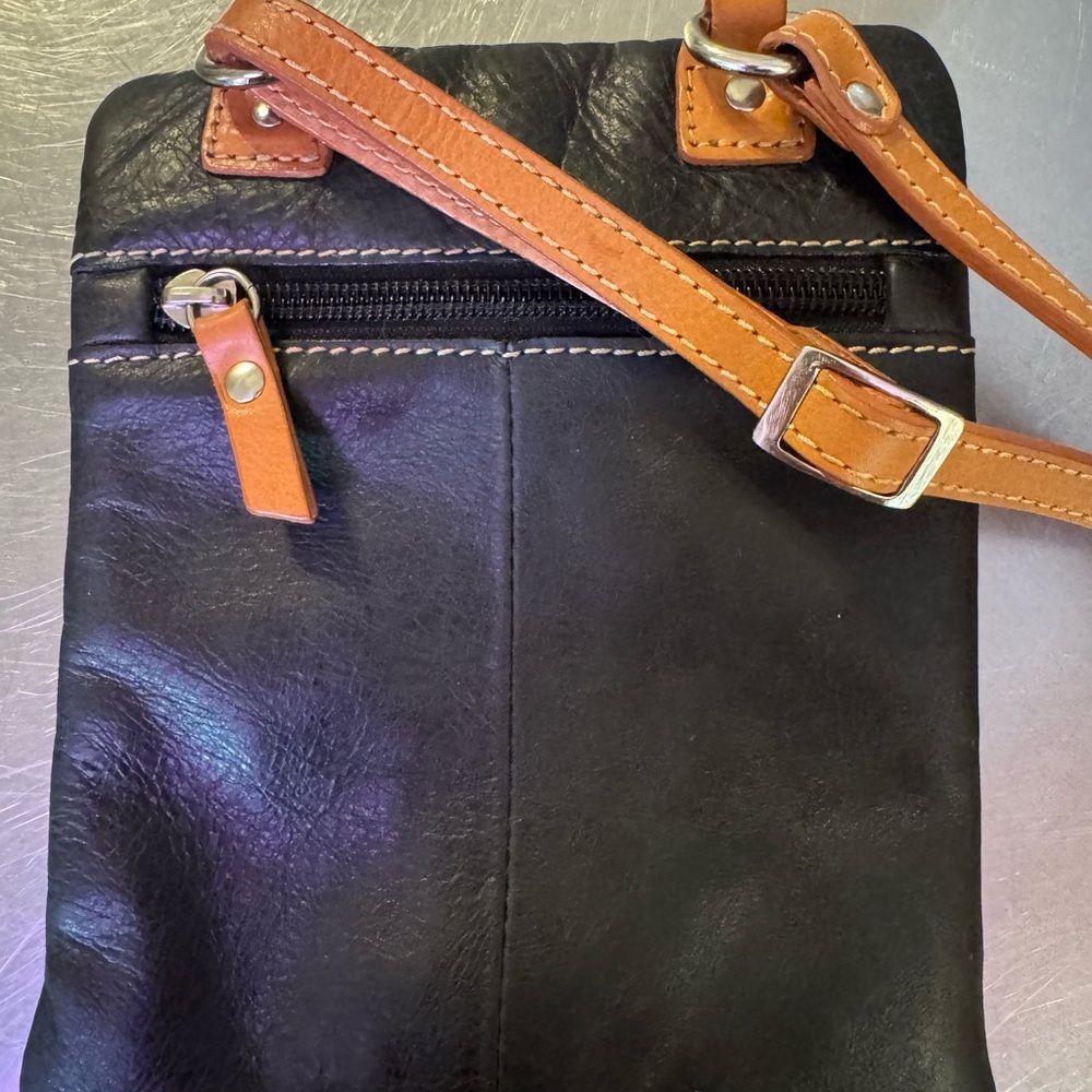 Black Leather Crossbody Bag with Tan Strap - Picture 5 of 8